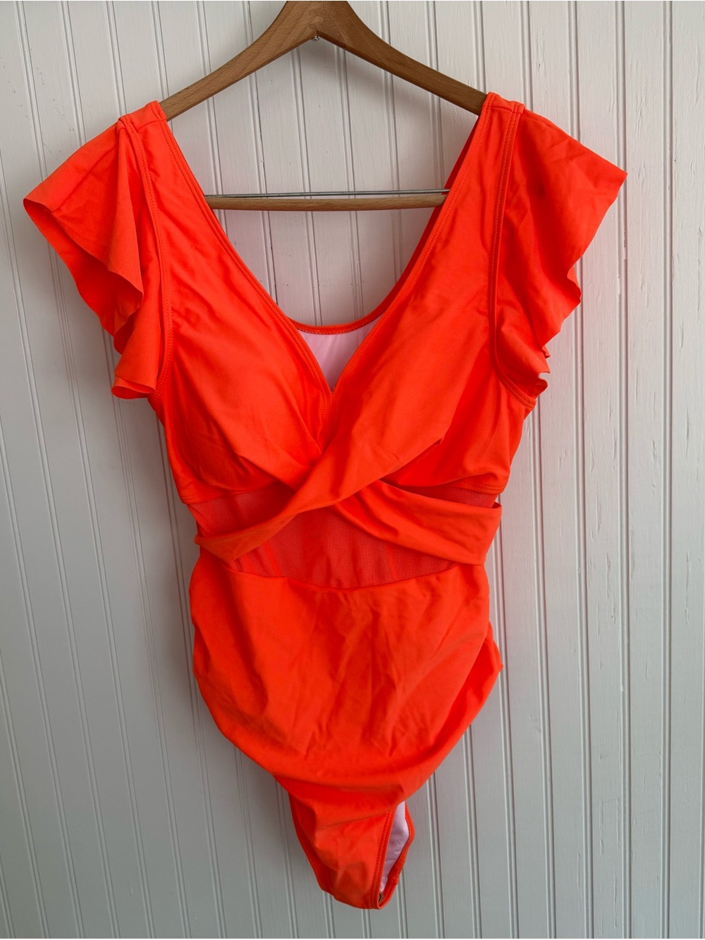 Bright Orange One-Piece Swimsuit with Size XL Flutter Sleeves